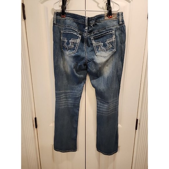 WOMENS 17/18 MED WASH HYDRAULIC JEANS MID RISE BOOT CUT STUDDED POCKET FLEX - Picture 4 of 11